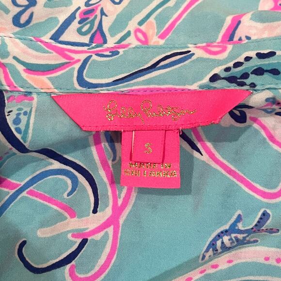 Lilly Pulitzer Natalie Shirtdress Cover-Up SZ Small Blue Pink Ocean Beach Fish - Picture 5 of 7
